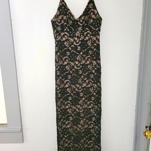 Nude Bodycon Maxi Dress With Black Lace Overlay